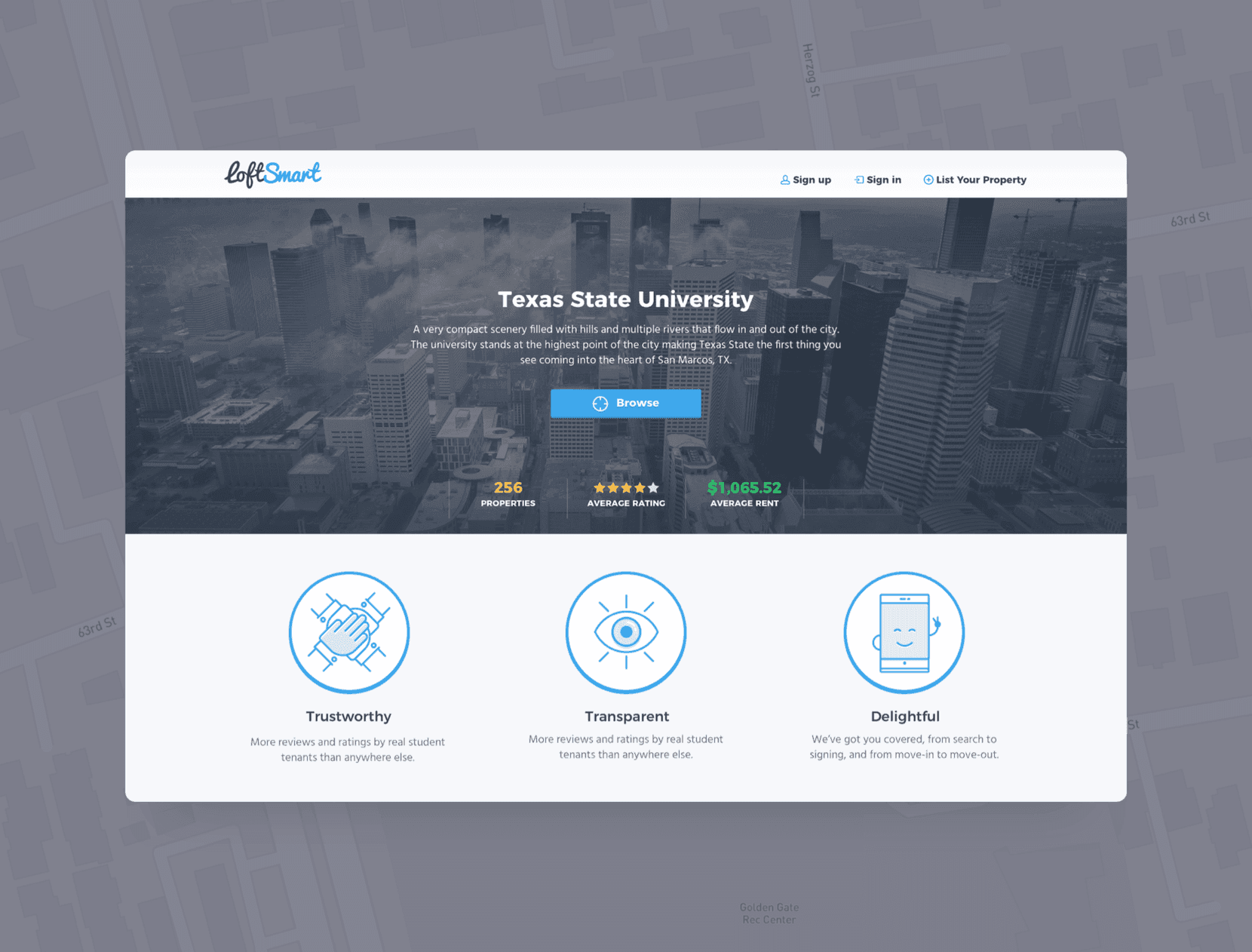 First LoftSmart website showing property listings with interactive map