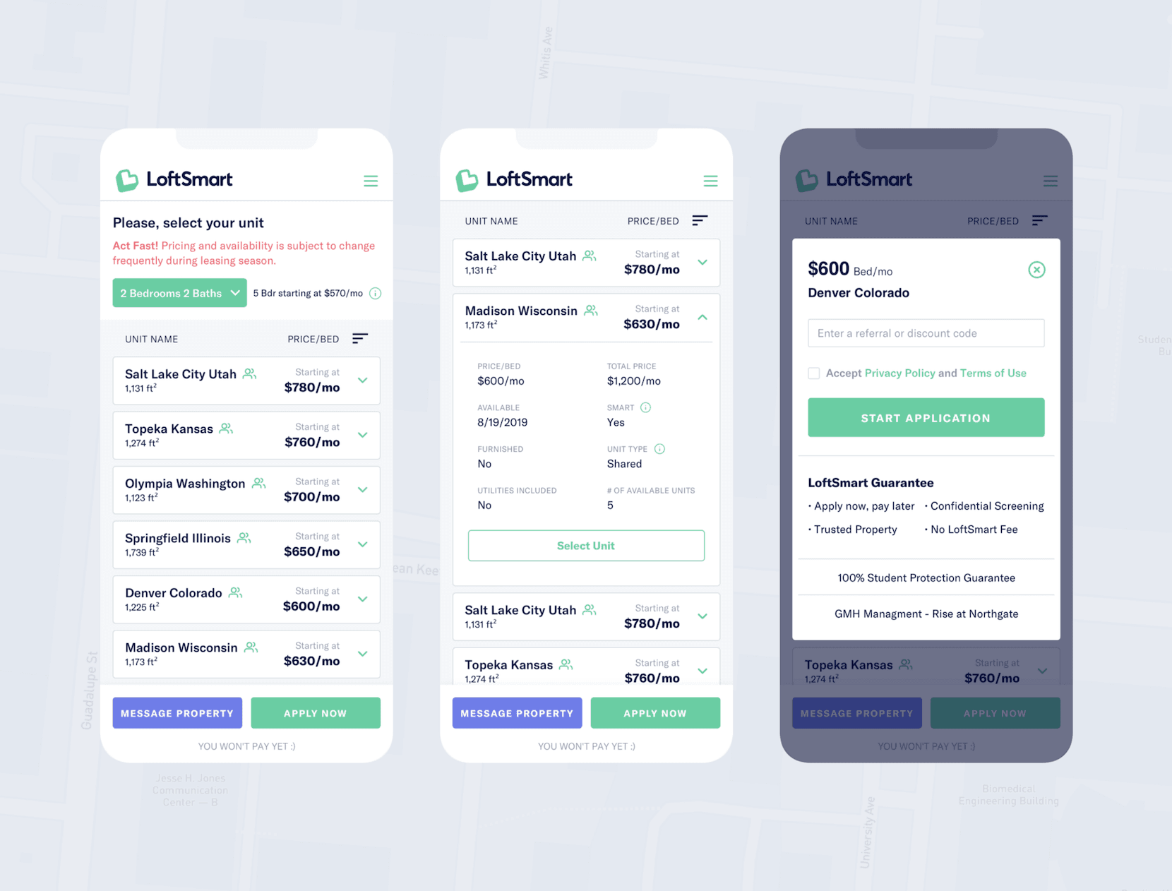 LoftSmart mobile interface showing property listings with pricing and apply buttons