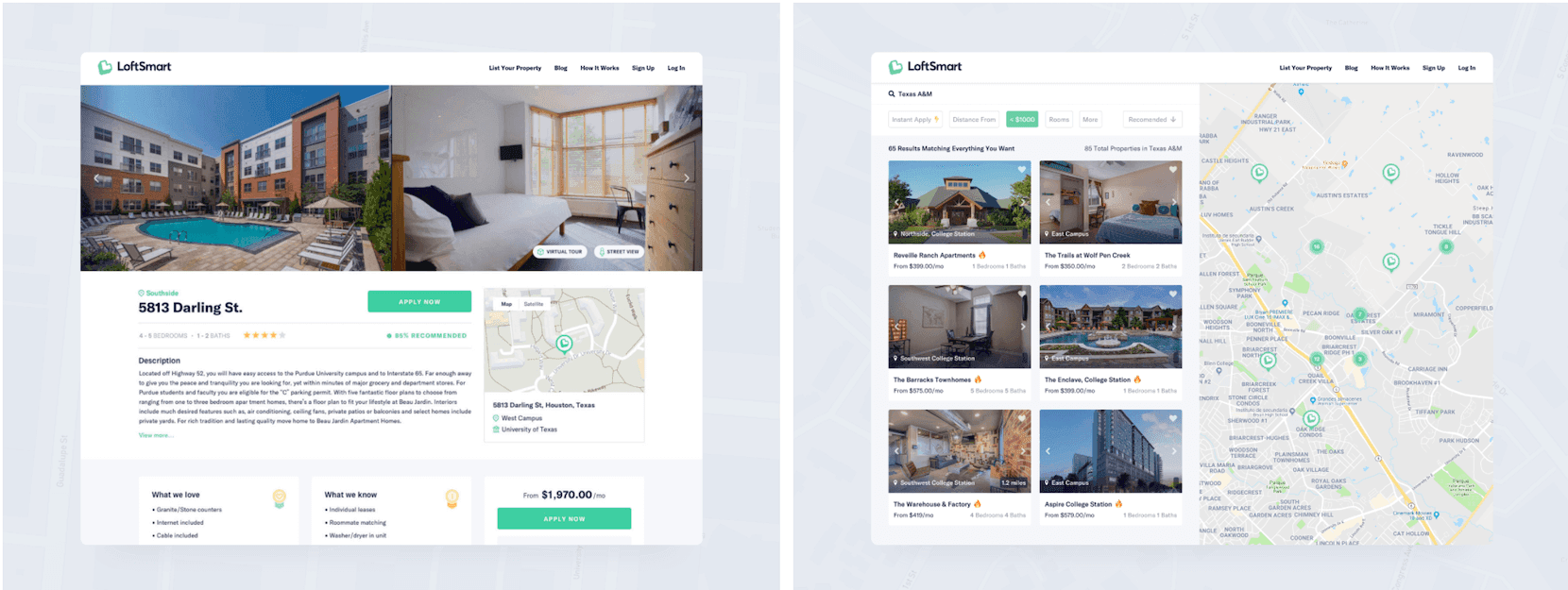 LoftSmart redesigned Property and Search pages showing the platform evolution