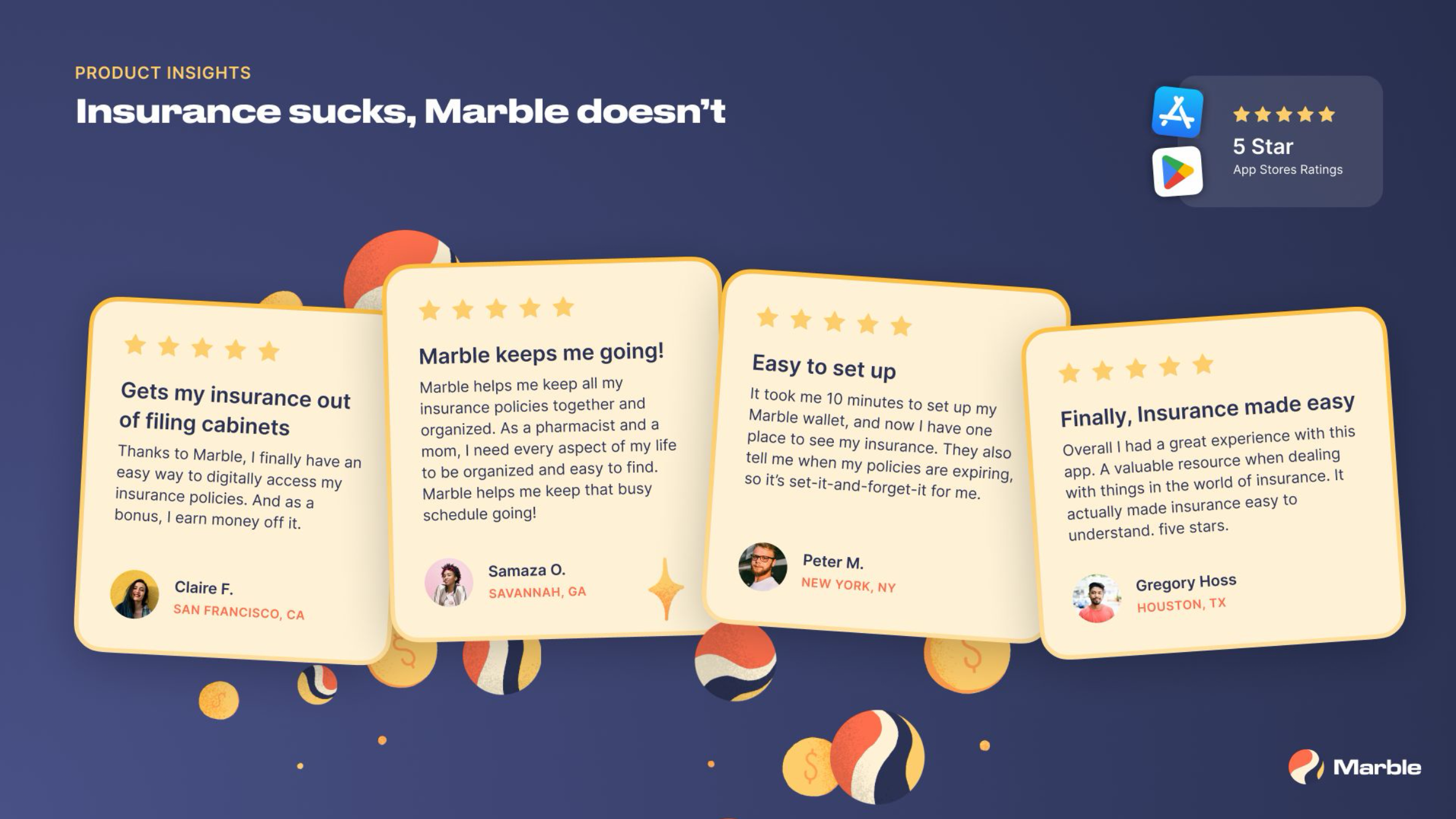 Marble user reviews — 5 star ratings on App Store and Google Play with testimonials from real users